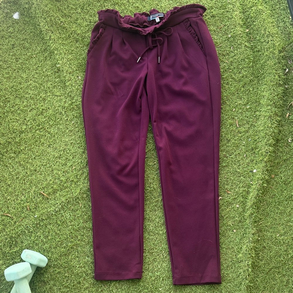 Boom Boom Jeans Women's Burgundy Joggers paper bag waist Cropped Pants